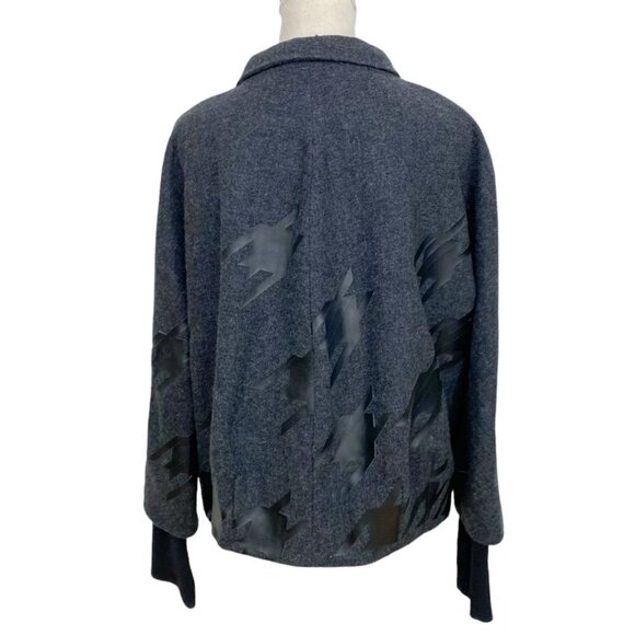 LAMB WOMEN'S GREY WOOL BLACK FAUX LEATHER GEO APPLIQUE BOMBER JACKET - 4 - Picture 3 of 11